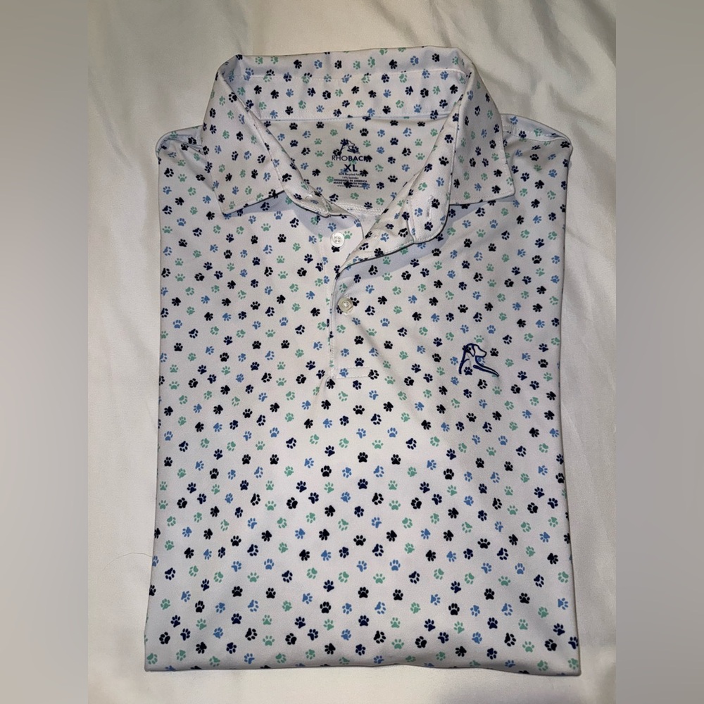 Rhoback White Polo with Navy and Mint Paw Print Pattern